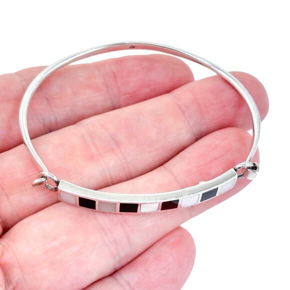 Vintage Thailand ATI Sterling Silver 925 Mother of Pearl Onyx Inlay Bangle 6.75" - Picture 1 of 10